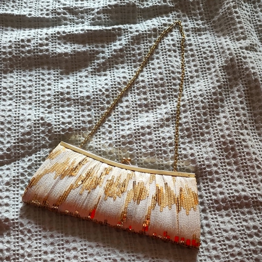 Lulu Townsend Gold Squein Clitch with Gold Chain Strap